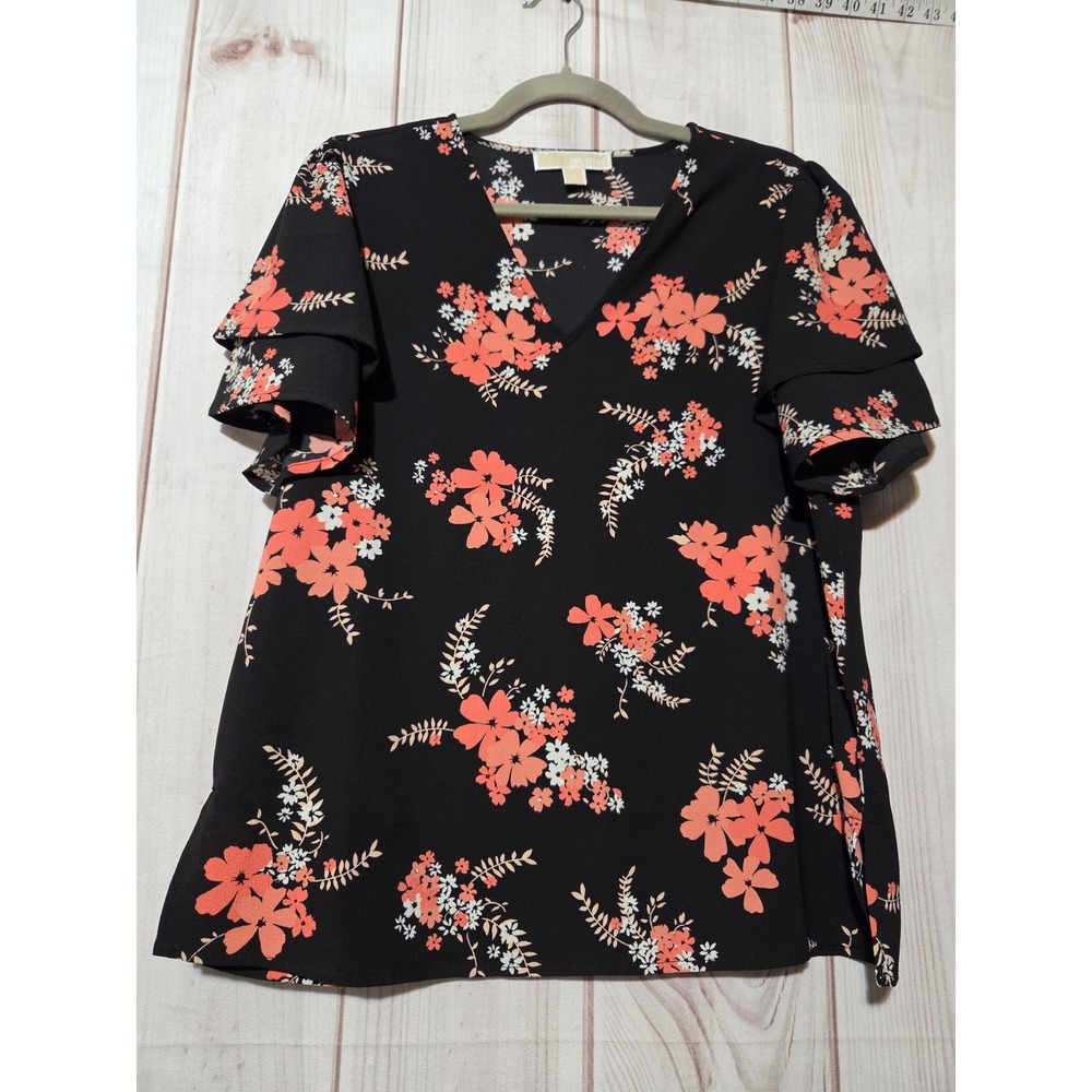 Michael Kors Womens Black Coral Floral V-Neck Flutter Sleeve Blouse Top Medium
